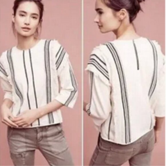 Anthropologie by Eri + Ali Top Cotton Fringe Boho Zipper 3/4 Sleeves, sz Large - Picture 14 of 14